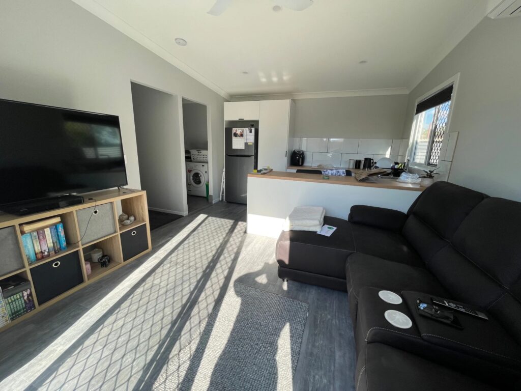 Modern interior of a fire-resistant granny flat in Hervey Bay, combining safety with comfort and style