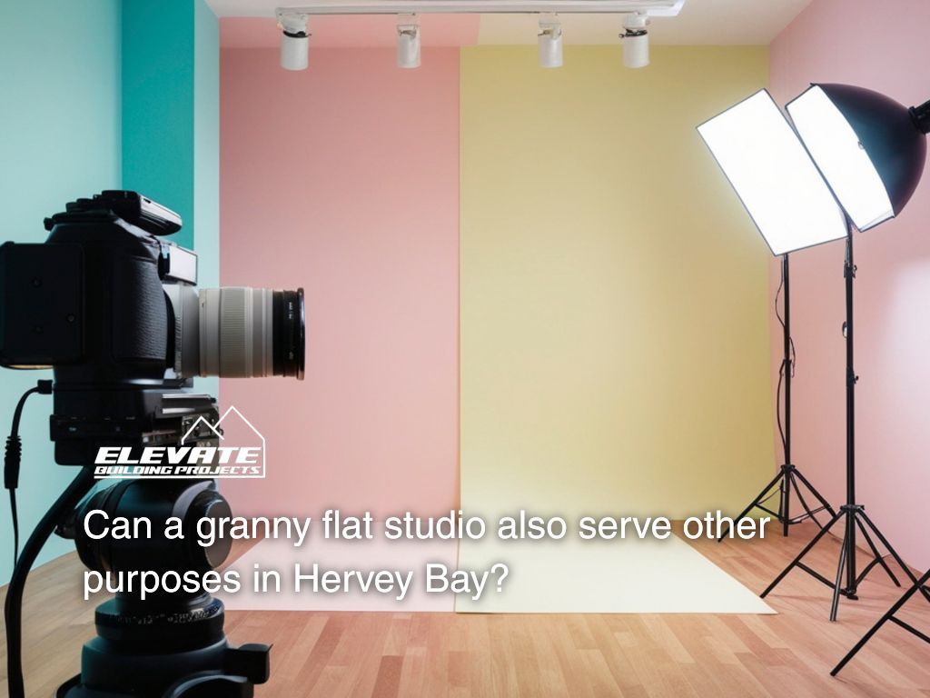 Granny flat studio setup with professional photography equipment, lighting, and backdrop, showcasing multi-purpose creative use.
