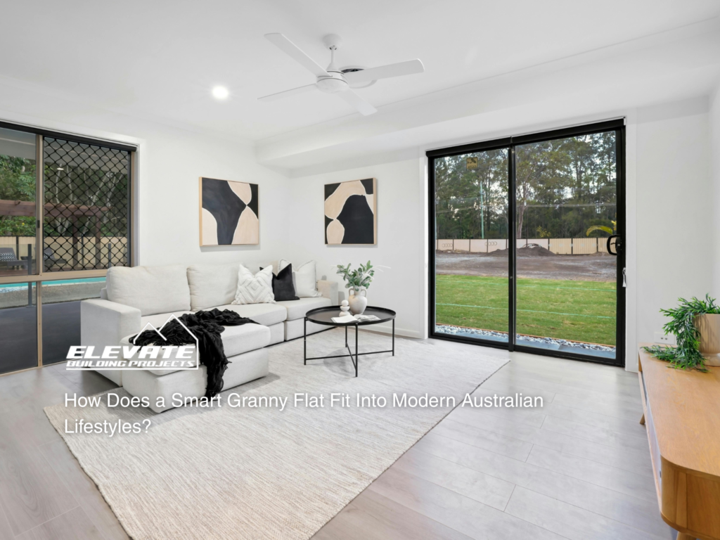 Smart granny flat living space with open plan design and backyard views in Australia