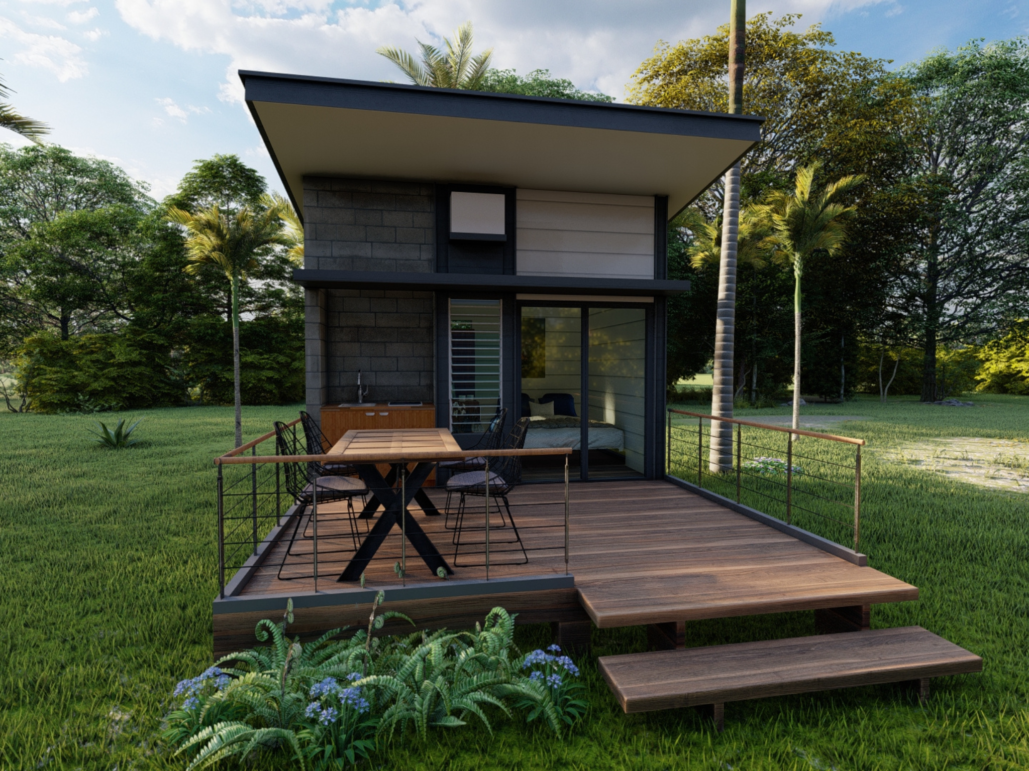 Modern tiny home with timber deck in a Wide Bay backyard, showcasing compact living design suitable for Bundaberg and Hervey Bay properties.