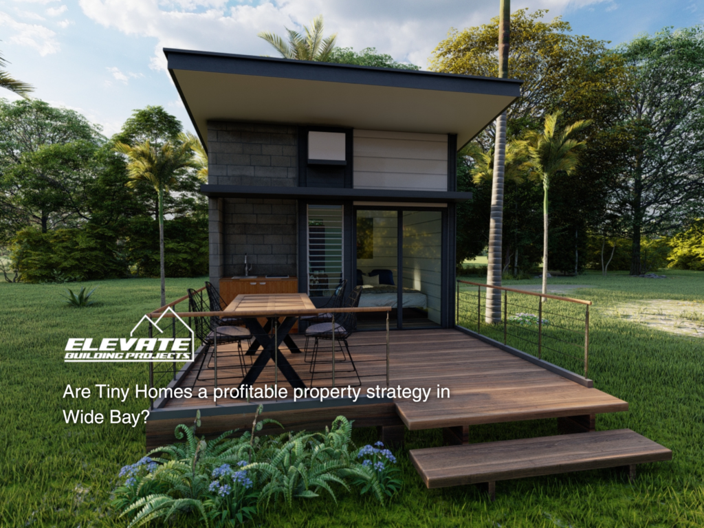 Architecturally designed tiny home with elevated deck surrounded by greenery in Wide Bay, suitable for rental income or granny pod use.