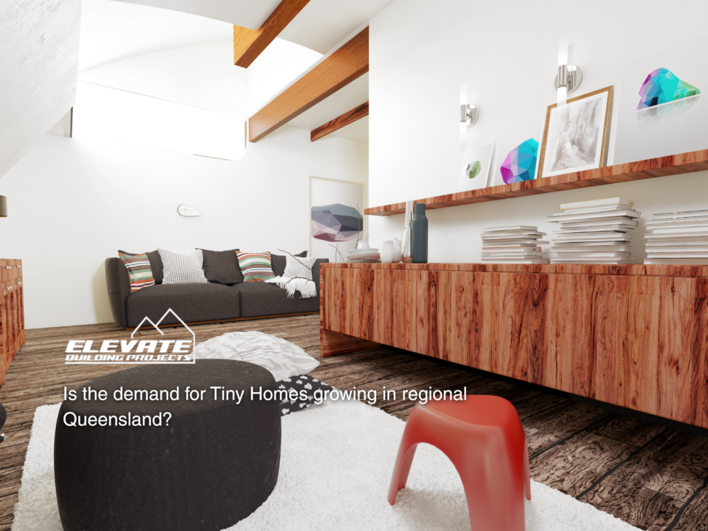 Contemporary tiny home interior with built in shelving, compact lounge, and natural light, ideal for granny flats and rental dwellings in regional Queensland.