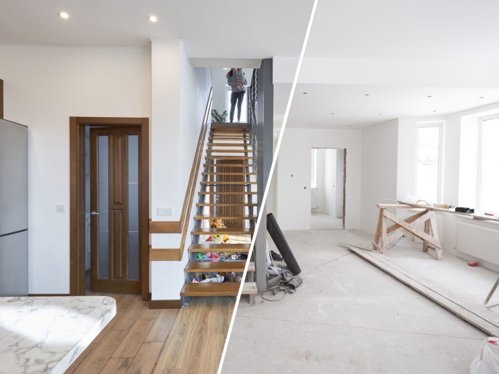 Staircase and living room renovations before and after.