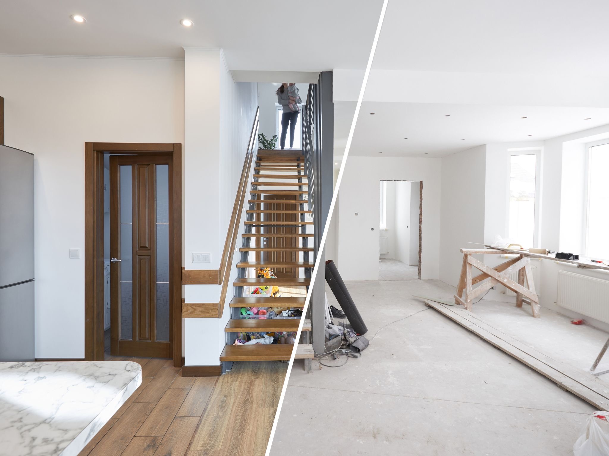 Staircase and living room renovations before and after.